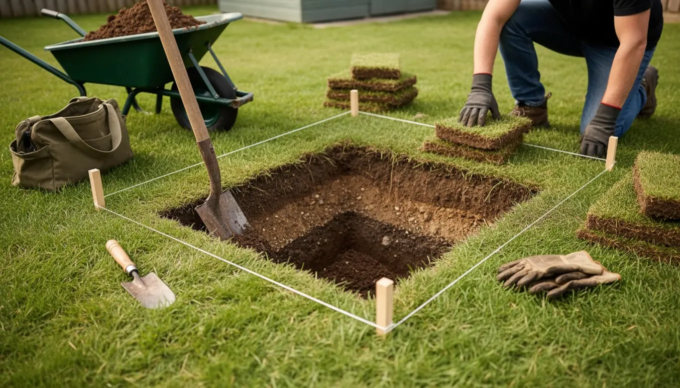 Et rektangulært hul i en grøn græsplæne med en spade, jordbunker og stakke af græstørv ved siden af.