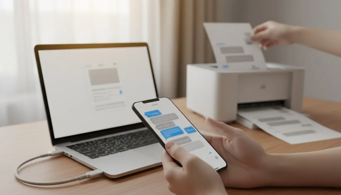 Smartphone og bærbar på skrivebord mens en sms-tråd eksporteres og en udskrift tages ud af printeren.