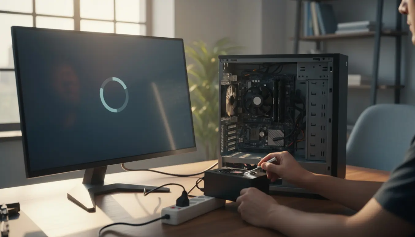 Hænder fejlsøger en stationær pc med åben kabinet og tændt skærm med loading-cirkel efter strømafbrydelse.