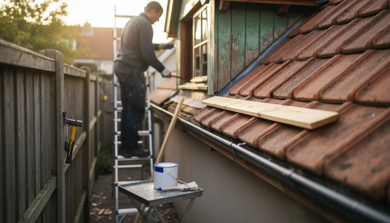 Stige i en snæver baghave ved en 1. sal-kvist, hvor et gammelt bræt er ved at blive skiftet og malet.