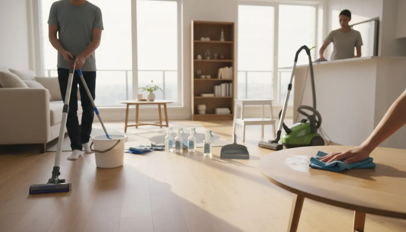 Hænder støvsuger og vasker gulv i en lys, moderne lejlighed under rengøring.