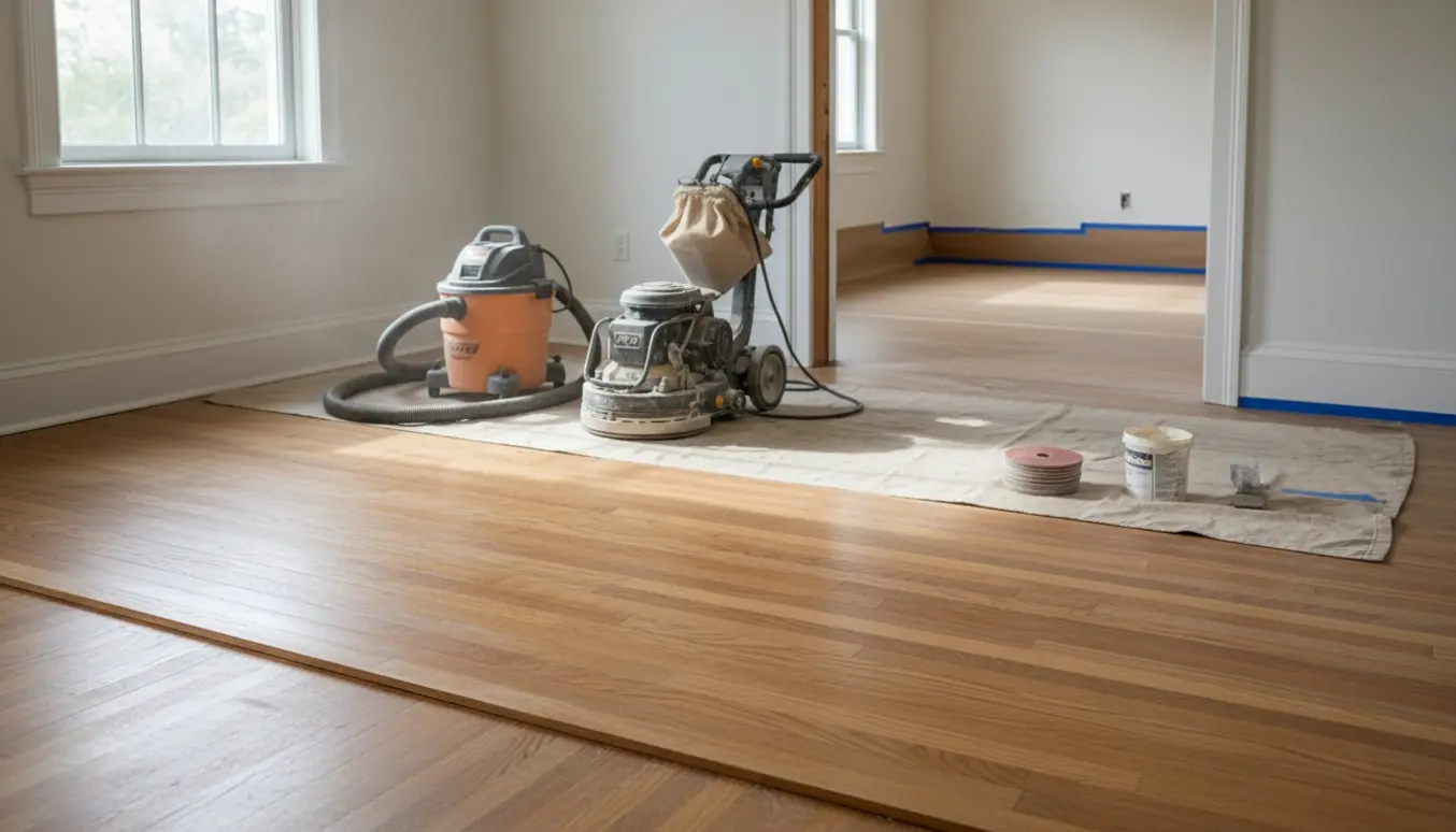 Halvslibede trægulve i to tilstødende værelser med gulvslibemaskiner og fint savsmuld i sollys.