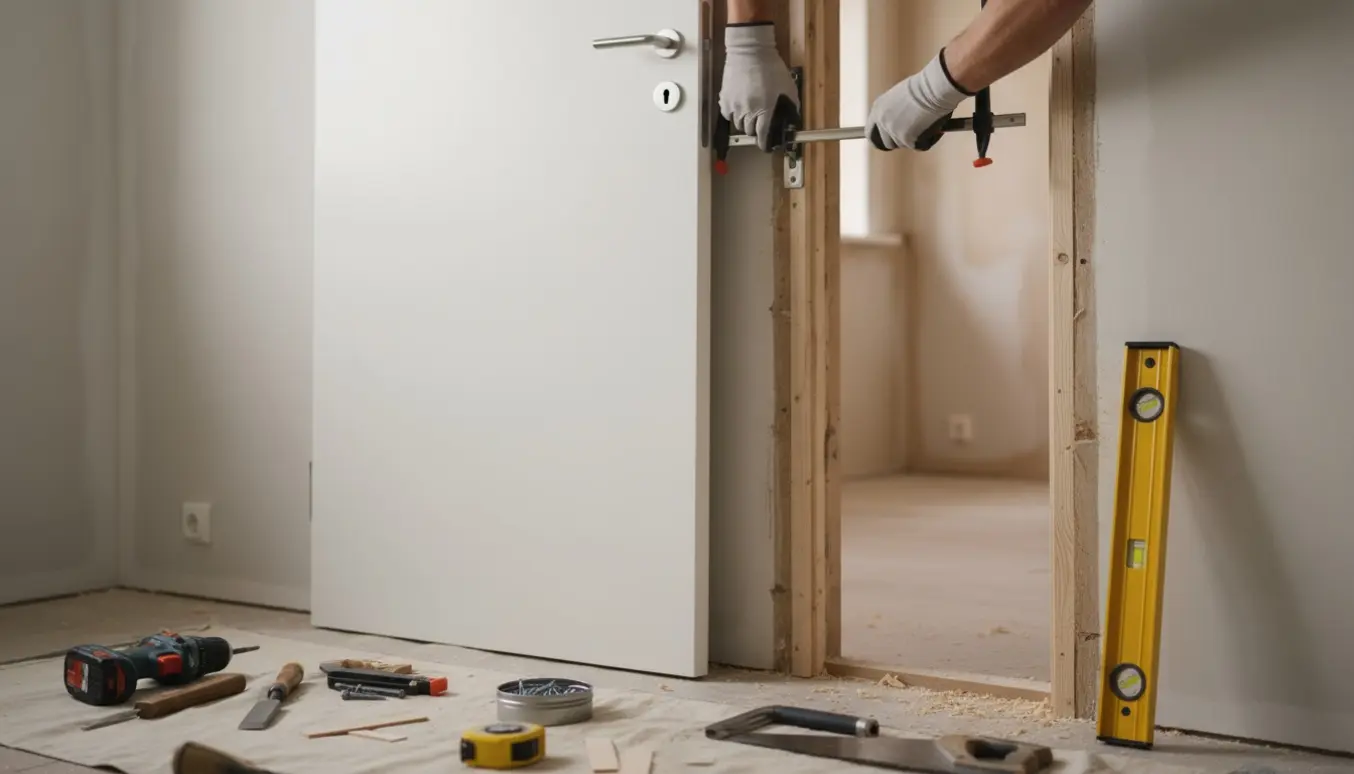 Glat hvid dør lænet mod en åben dørkarm med værktøj og håndværkerhænder i et nymalet værelse.