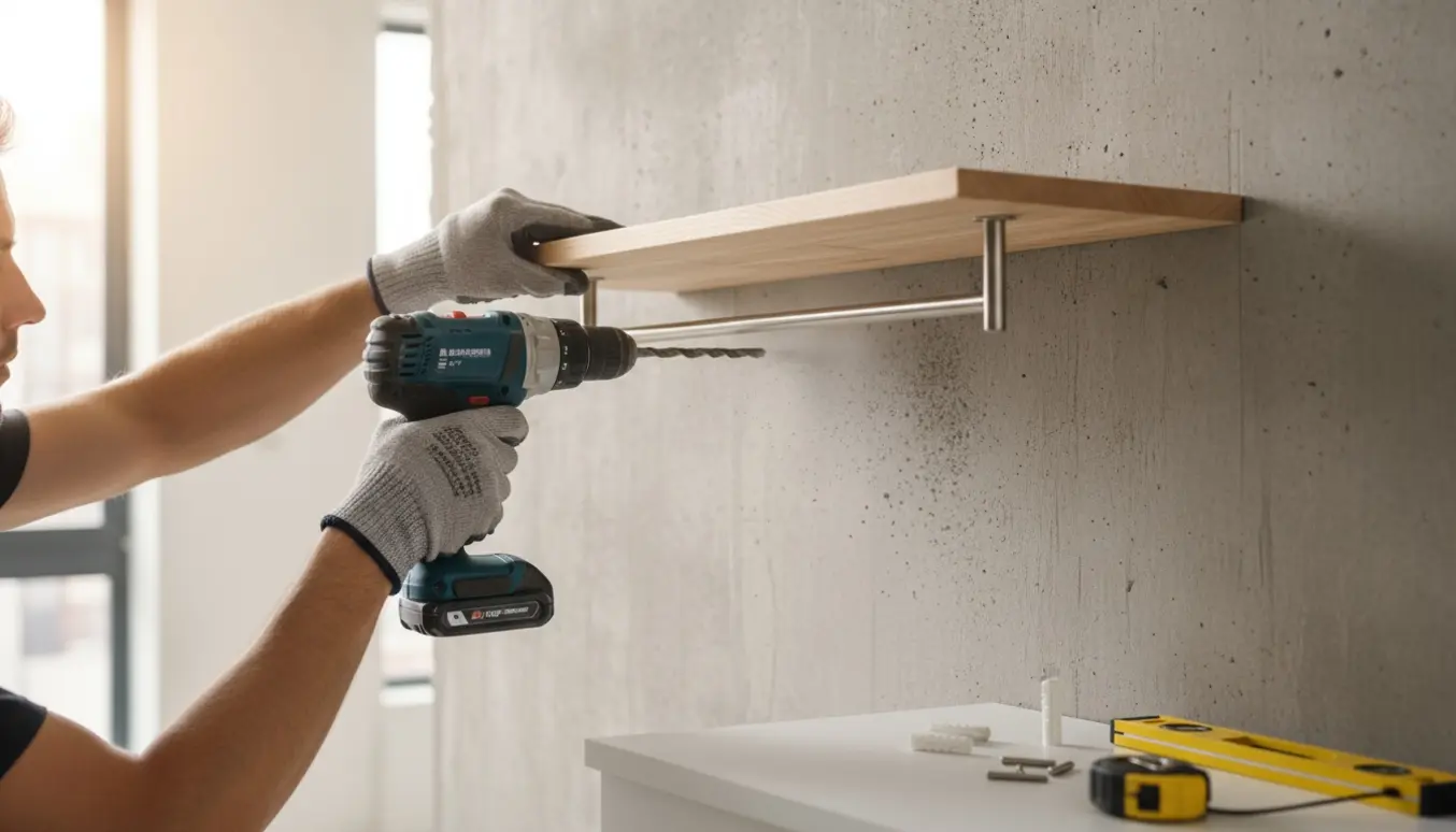 Hænder monterer en hat- og frakkeknagerække på en rå betonvæg med boremaskine og rawlplugs.