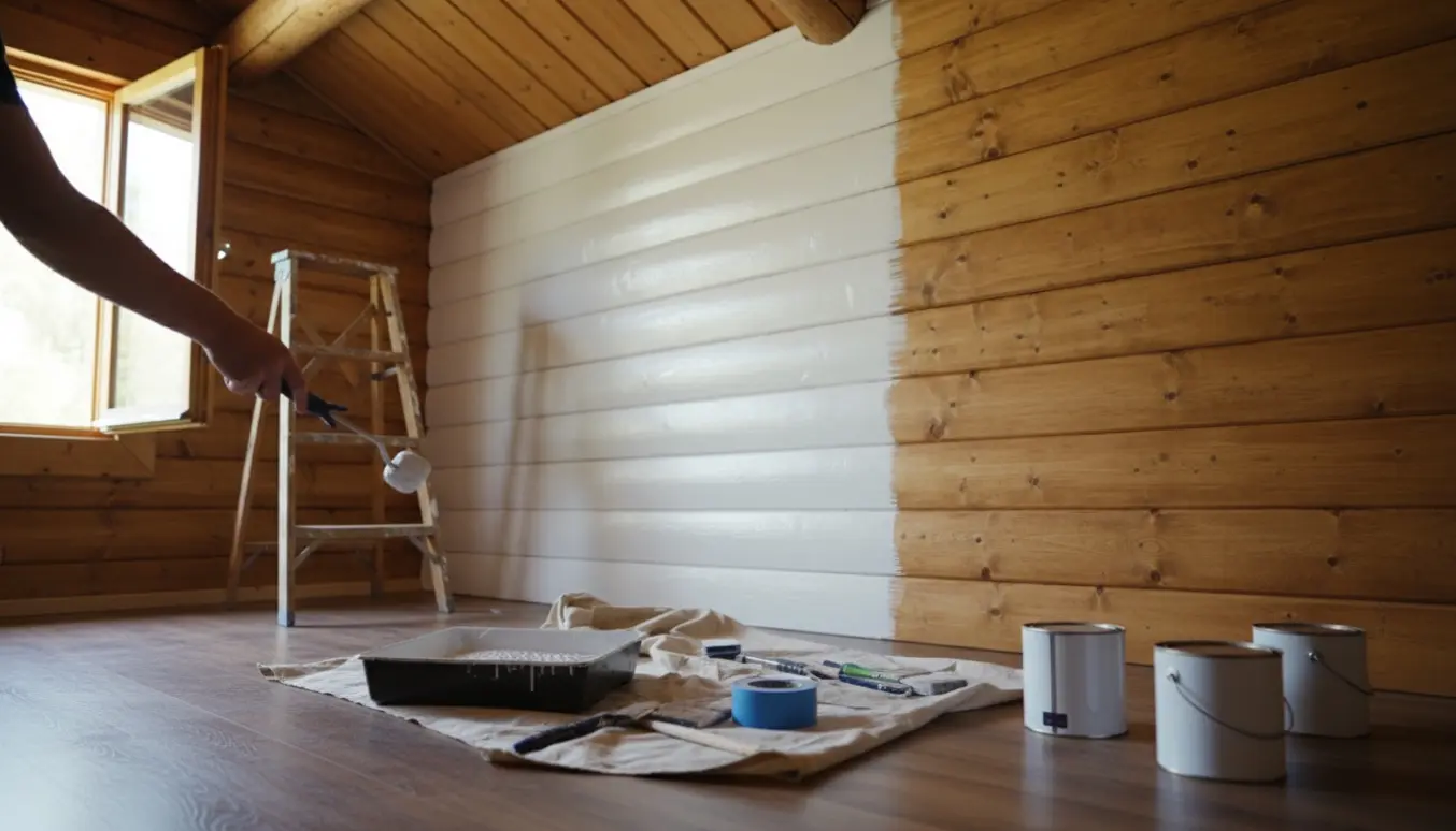 Hånd maler indvendig væg i et hyggeligt bjælkesommerhus med malerbøtter og stige i forgrunden.