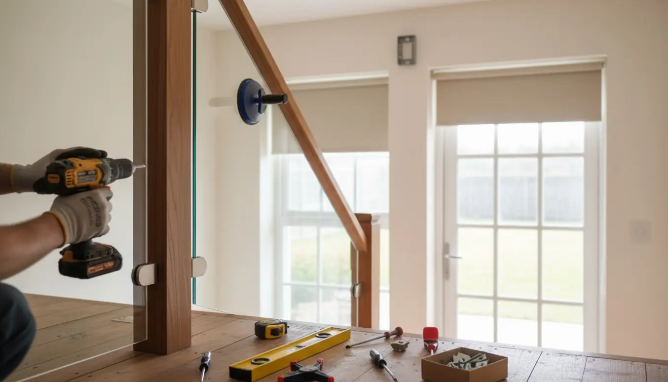 Nærbillede af montering af glasbeslag på et trægelænder på repos med rullgardiner ved vindue og dør.