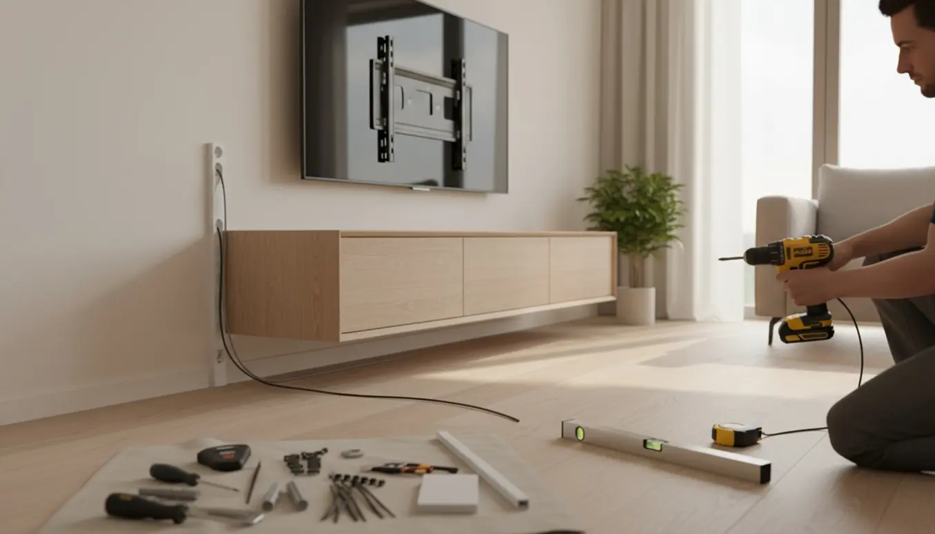 Nærbillede af hænder, der monterer et væghængt møbel og skjuler tv-kabler i en kabelkanal i en lys moderne stue.