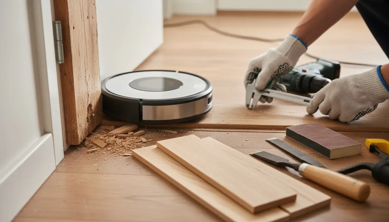 Robotstøvsuger står fast ved en for høj træliste, mens værktøj og lavere erstatningslister ligger klar til udskiftning.