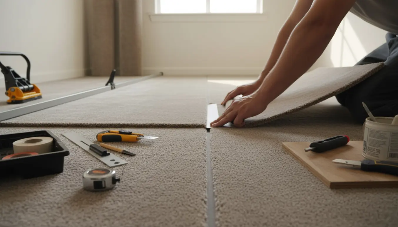 Væg-til-væg velourgulvtæppe i neutral grå tone lægges i et lille rum, hvor tre tæppebaner samles næsten usynligt.