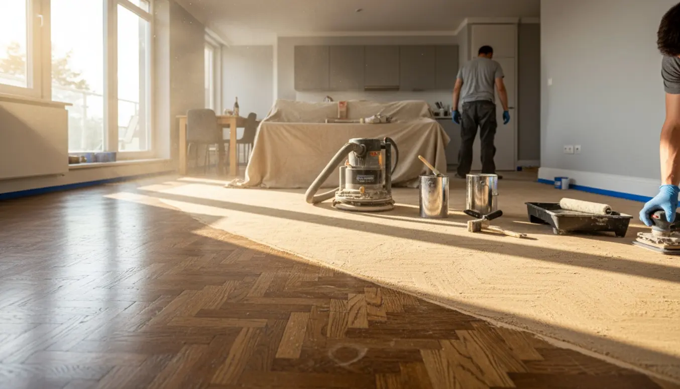 Åben lejlighed med gulv under slibning og lakering, synligt nyslebet trægulv og værktøj.
