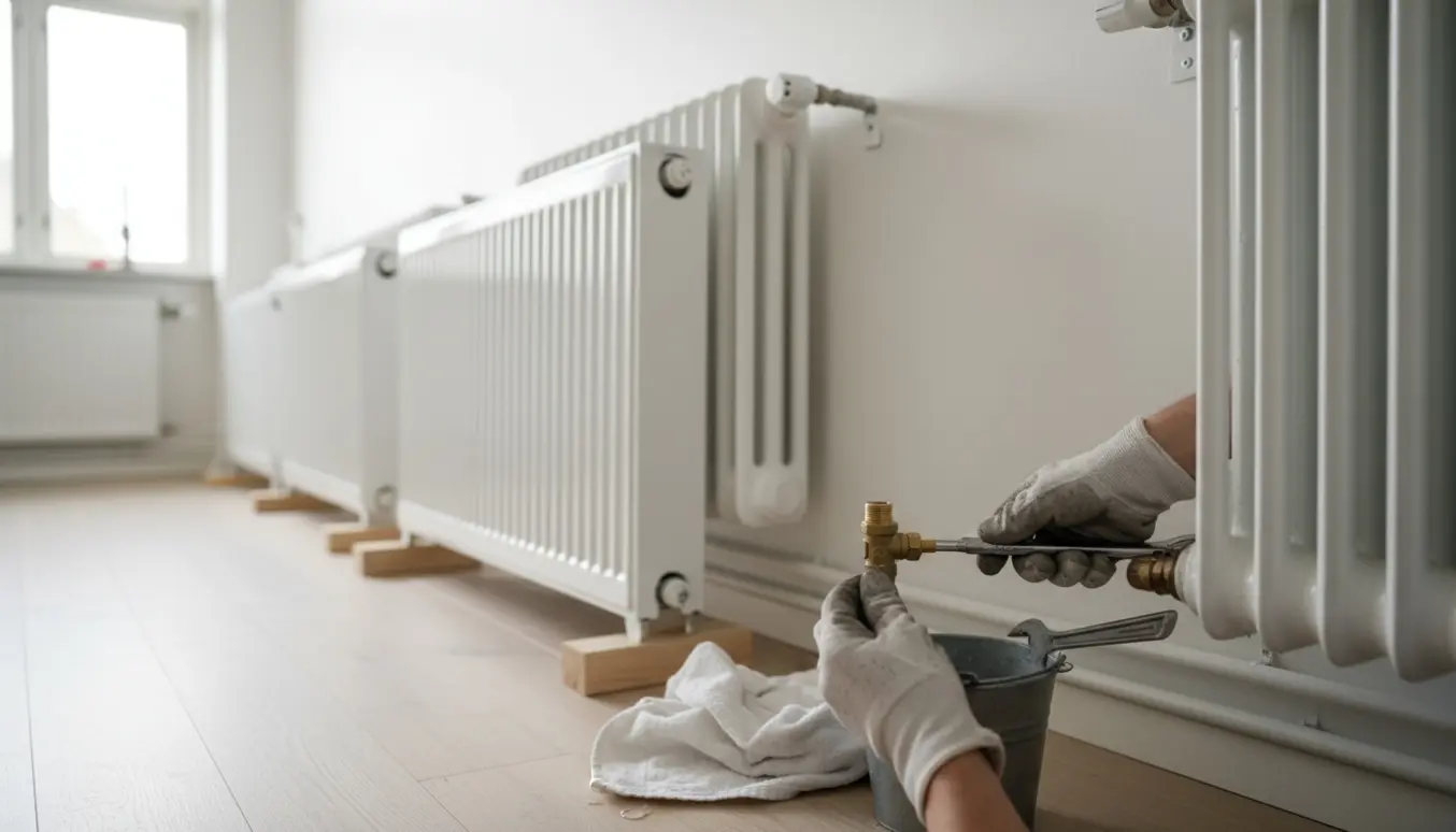 Hænder udlufter en radiators ventil med værktøj, mens en større radiator er klar til udskiftning i en lys lejlighed.