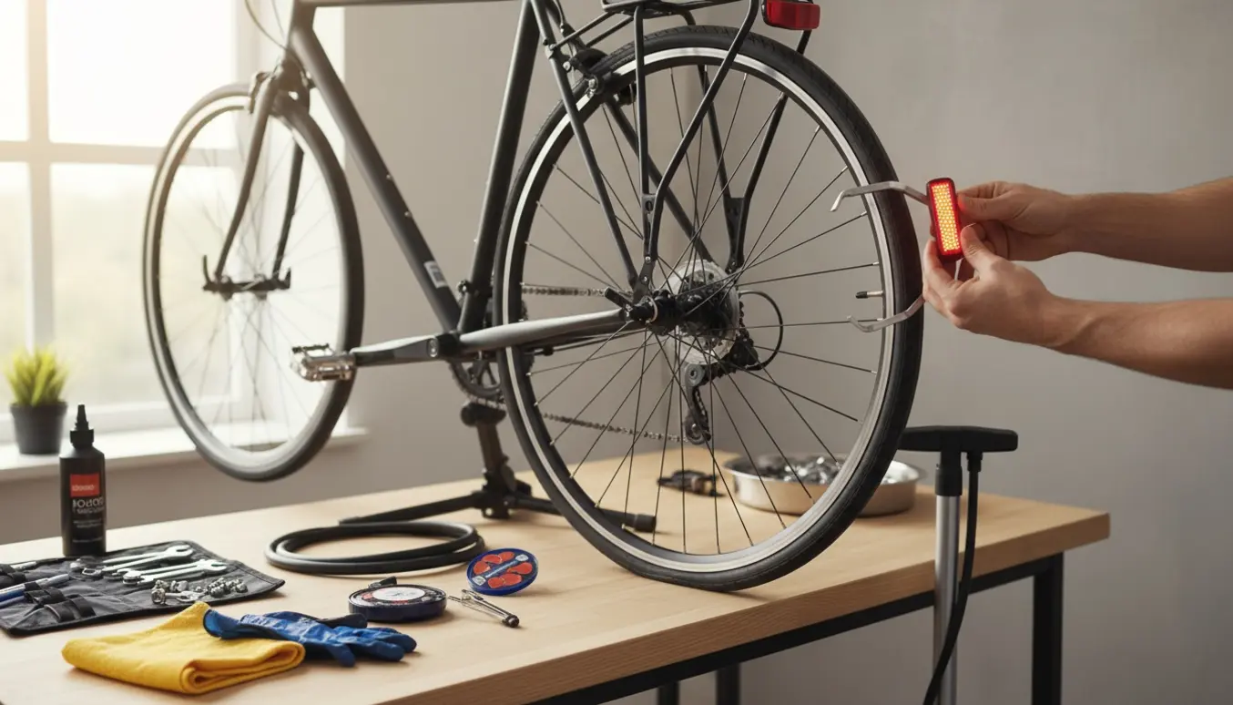 Cykel på værksted med flade dæk, nyt baglygte klar til montering og værktøj på arbejdsbænken.