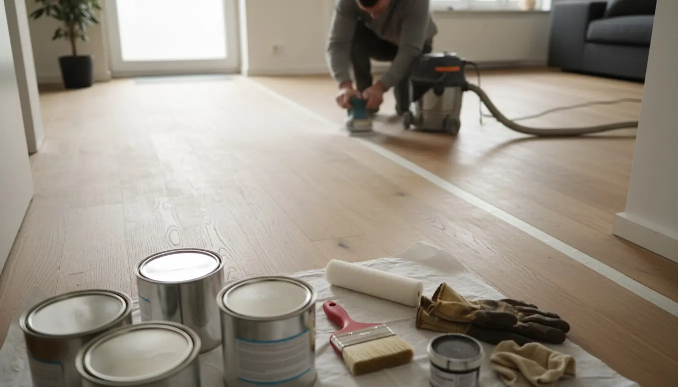 Nærbillede af gulvafslibning i entré og slibning af smal gulvtape i stuen med sliber, støvsuger og åbne dåser silkemat lak.