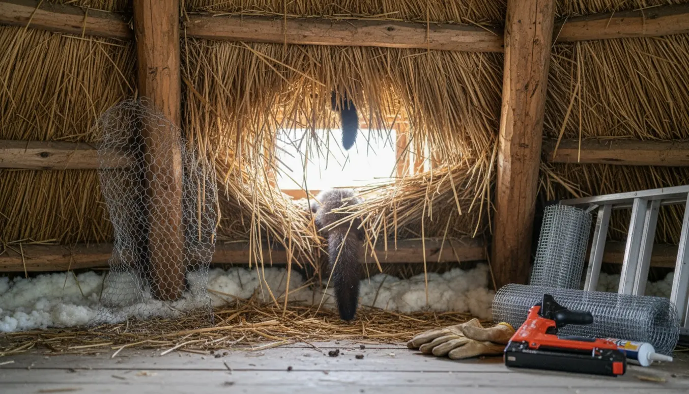 Loft med stråtag og et revet hul, hvor en mår har haft indgang, omgivet af reparationsmaterialer.