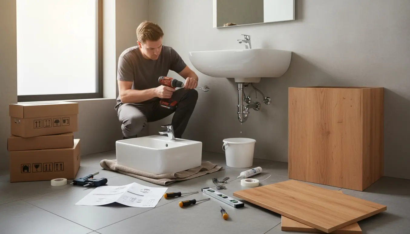En person monterer et nyt fladpakket badeværelsesmøbel med vask og værktøj i et lyst badeværelse.