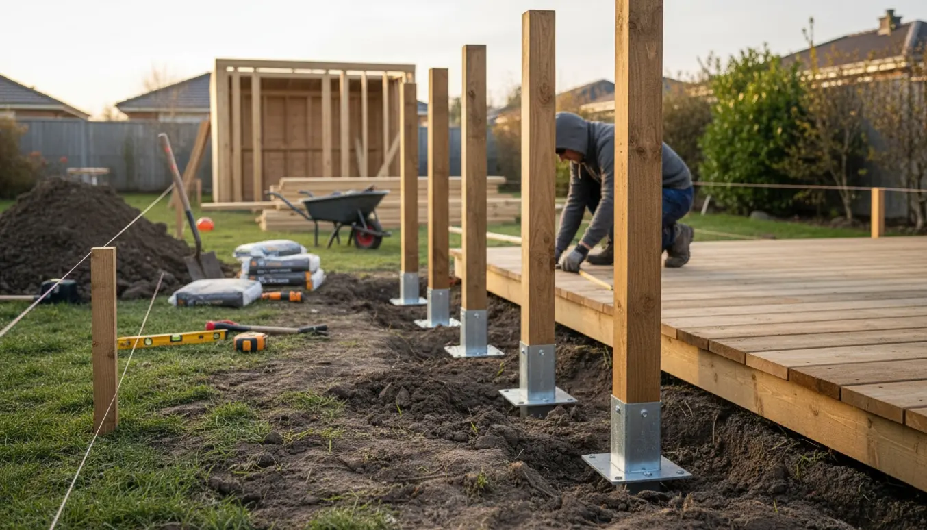 Have med udgravede stolpebæringer, delvist opført skur og en træterrasse under opbygning.