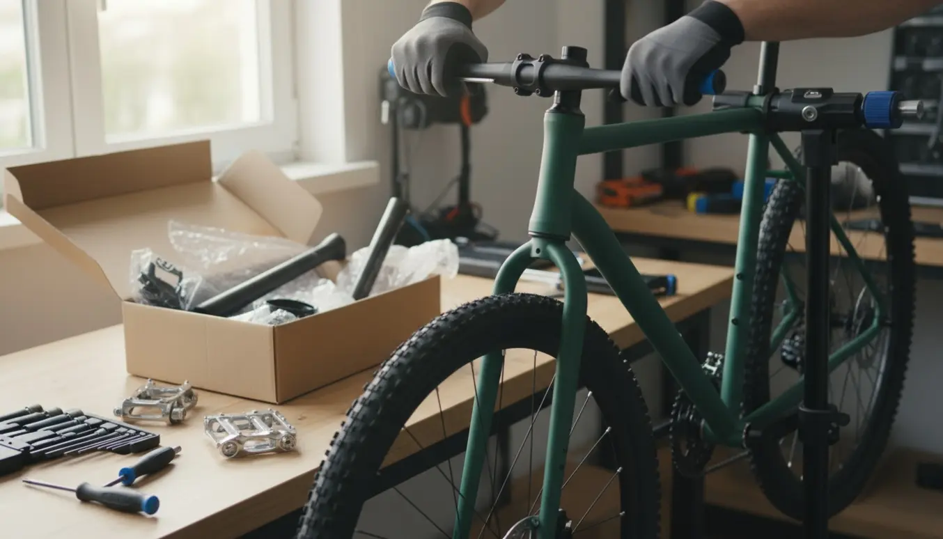 Hænder monterer styret på en ny cykel i et lyst værksted med værktøj og cykeldele på en træbænk.
