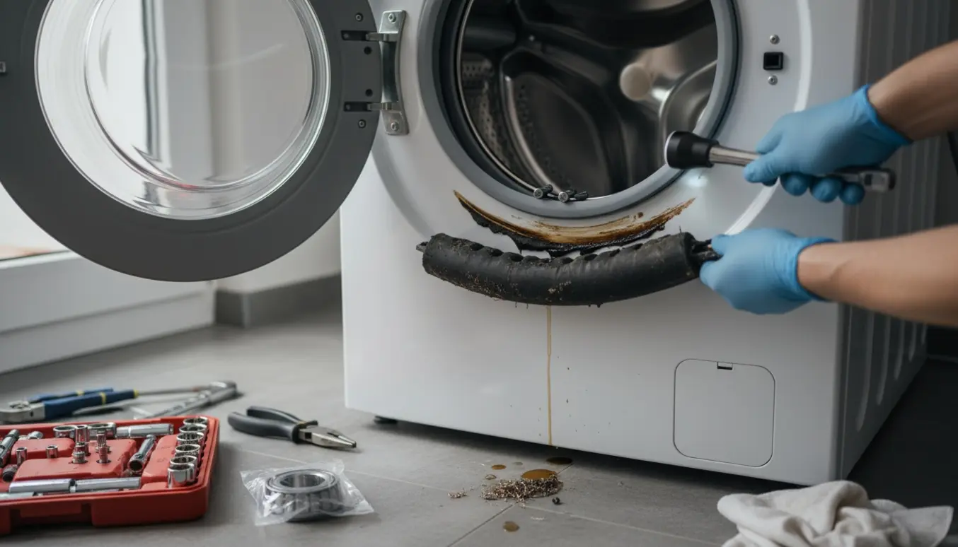 Frontbetjent vaskemaskine med tromlen delvist løsnet, hænder inspicerer reservedele og værktøj i et lyst bryggers.