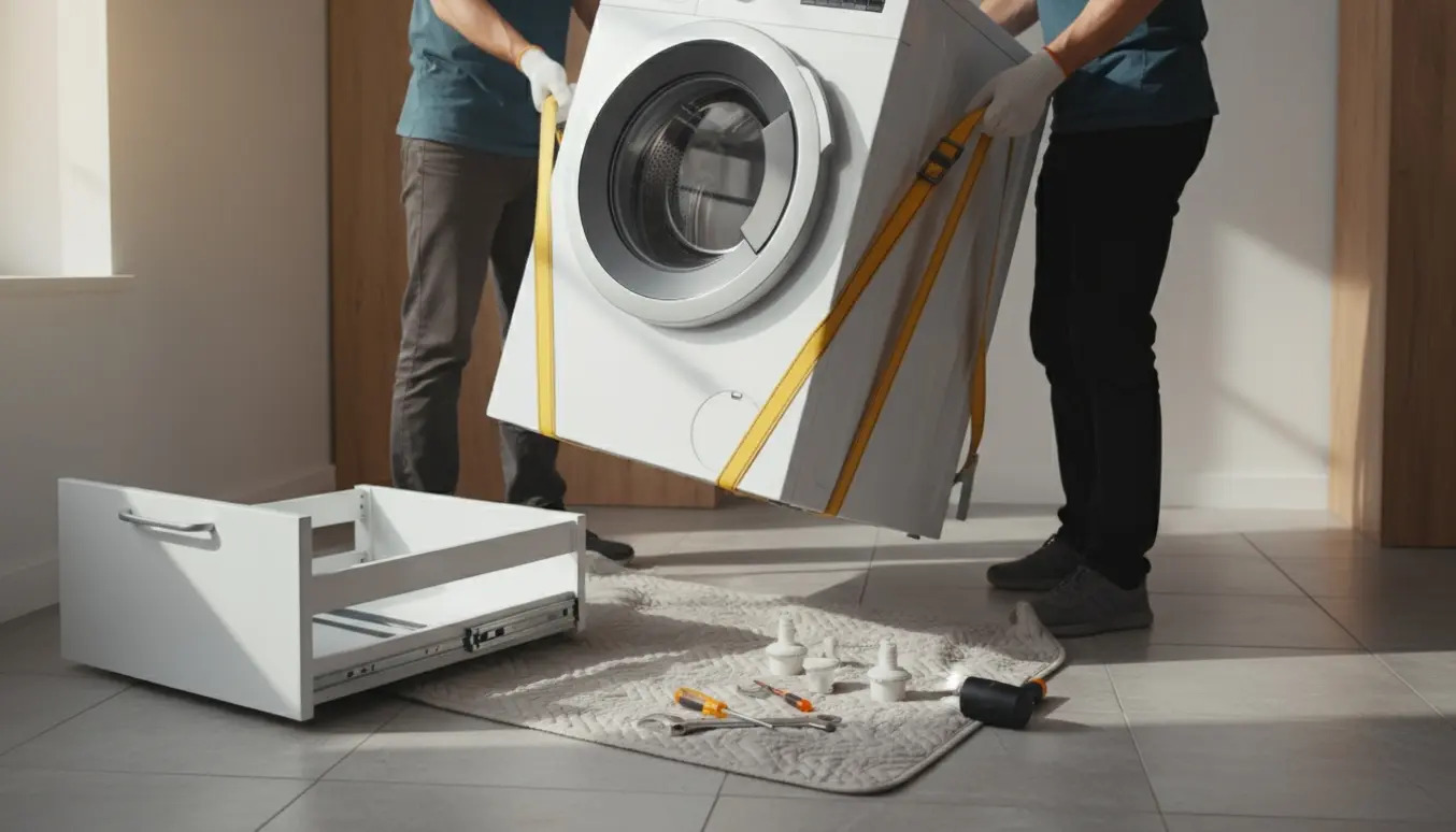 To personer løfter en hvid vaskemaskine fra en fjernet underskuffe i et lyst vaskerum, klar til at dreje og sætte støtteben på.