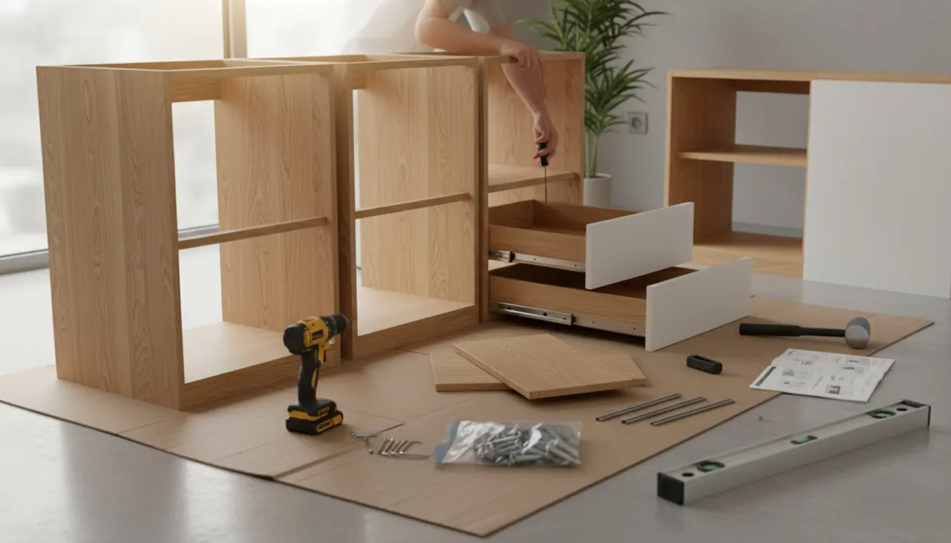 Halvfærdige skabe på stuegulvet med skuffer, hylder og værktøj klar til montering.