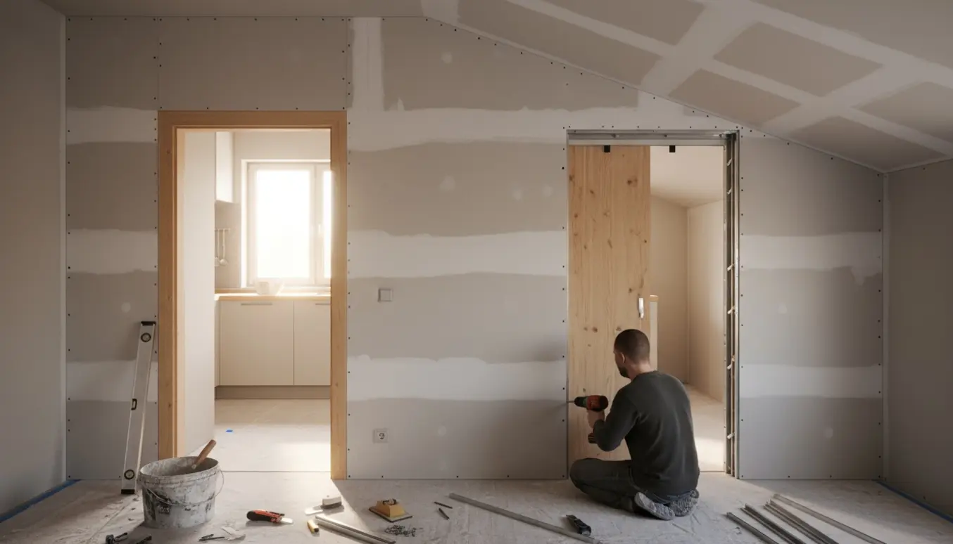 Opsætning af gipsvæg med skydedør ved køkkendør, værktøj og materialer i forgrunden.