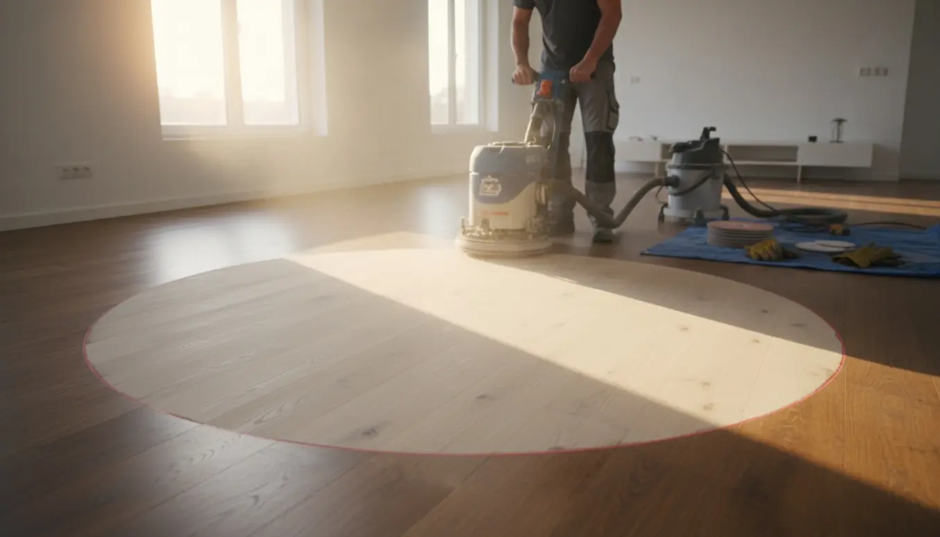 Gulvsliber i gang med at slibe et rød-cirklet område på et trægulv, med tydelig forskel mellem slebet og ursprunget overflade.