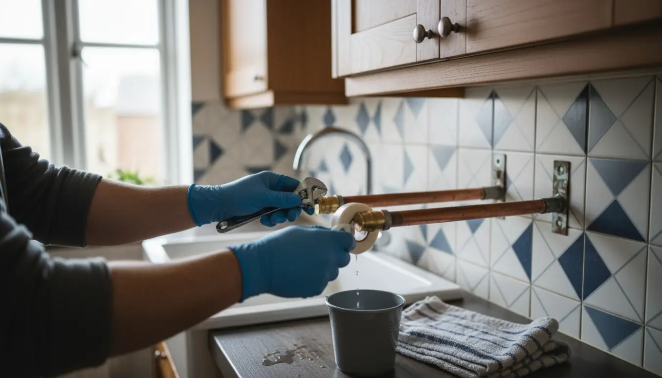 Hænder sætter messingpropper på afdækkede radiatorrør over en køkkenvask.