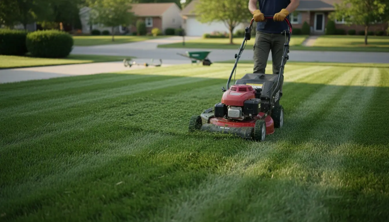 Plæneklipper på vej over en stor, nyslået plæne med tydelige striber i en solrig forstadsgade.