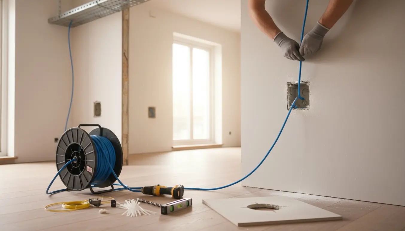 Hænder trækker Ethernet-kabel gennem en vægboks i en bolig med kabelbakker og værktøj i nærheden.