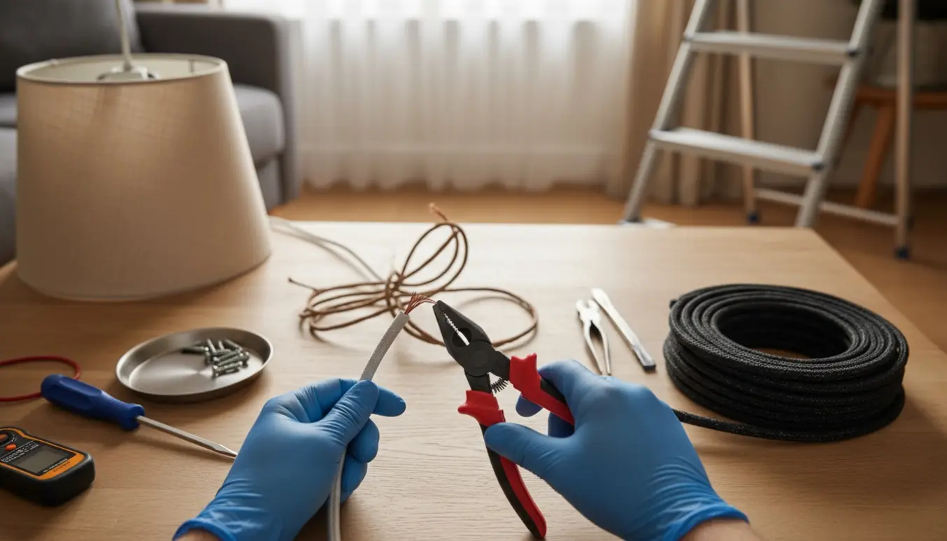 Handskerede hænder udskifter ledning på en loftslampe med værktøj og ny kabel i en lys stue.