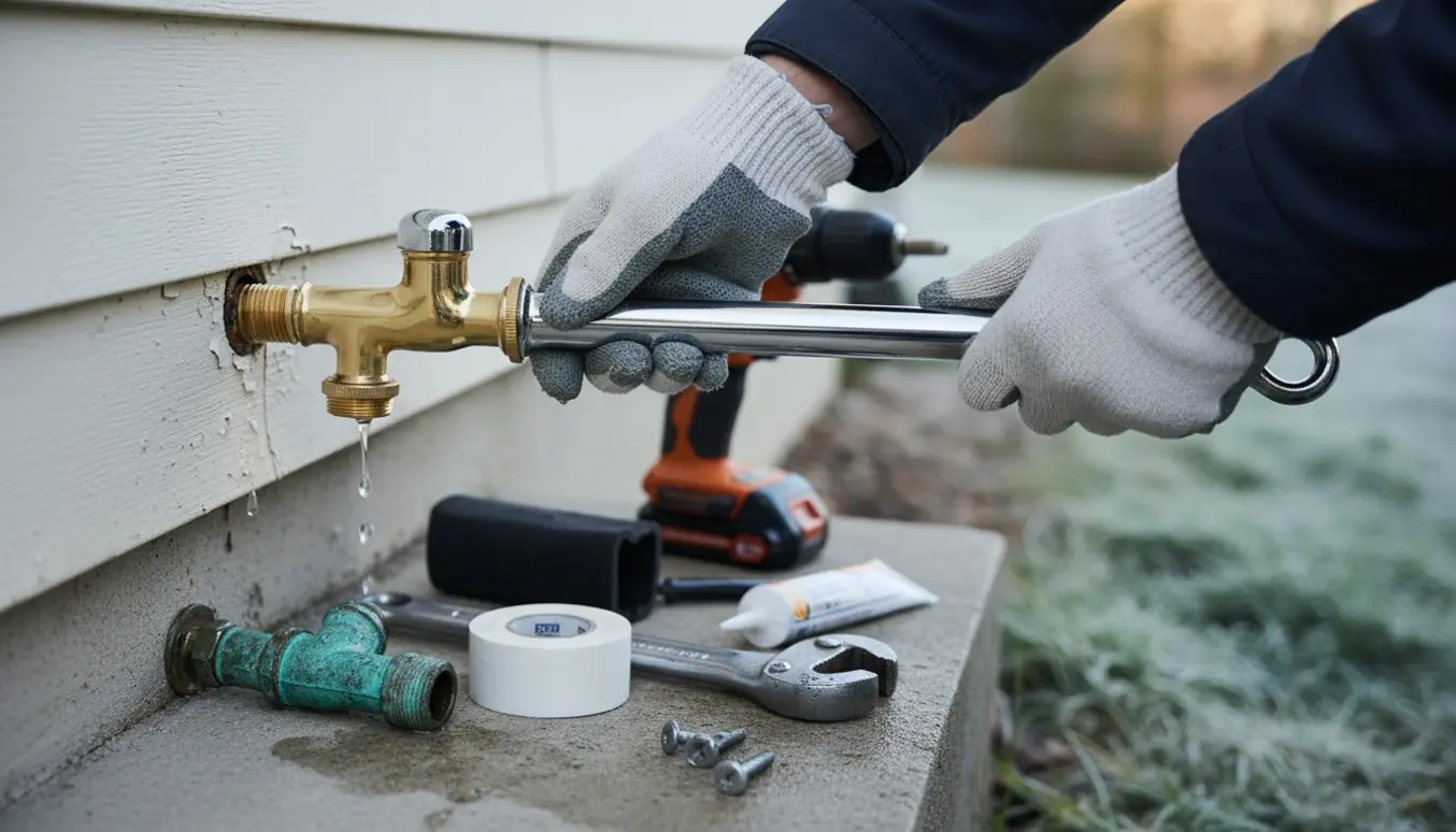 Hænder installerer en ny frostsikker udehane ved husmuren.