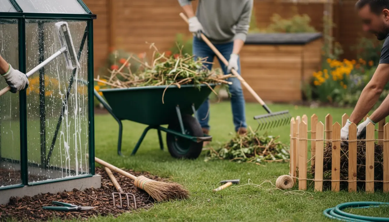 Udendørs have hvor grene samles i trillebør, et midlertidigt stakit sættes ved affald, og drivhusets yderside vaskes.