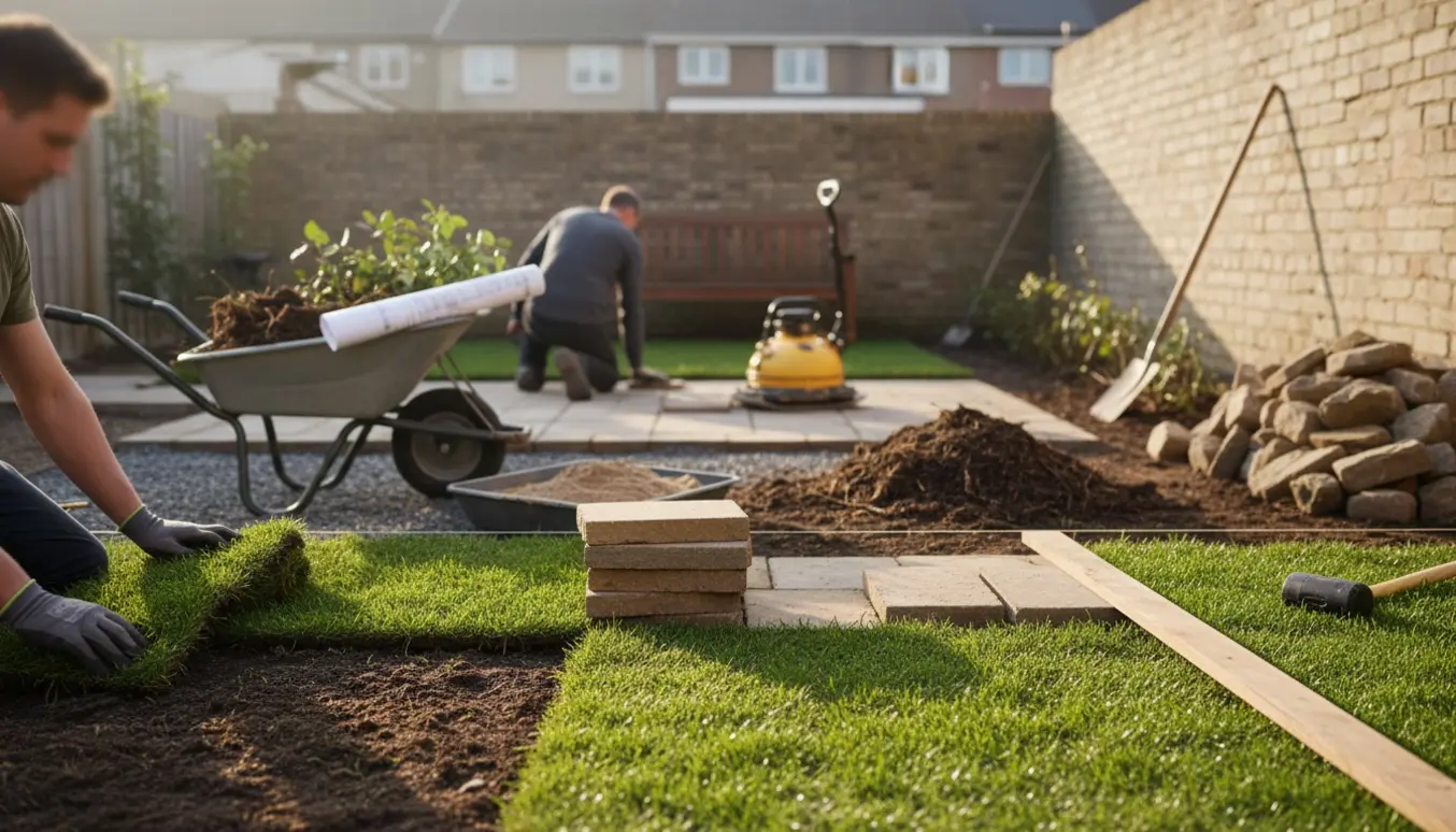 Mindre byhave under omlægning med ruller af frisk græs, ny terrasse af natursten og haveredskaber.