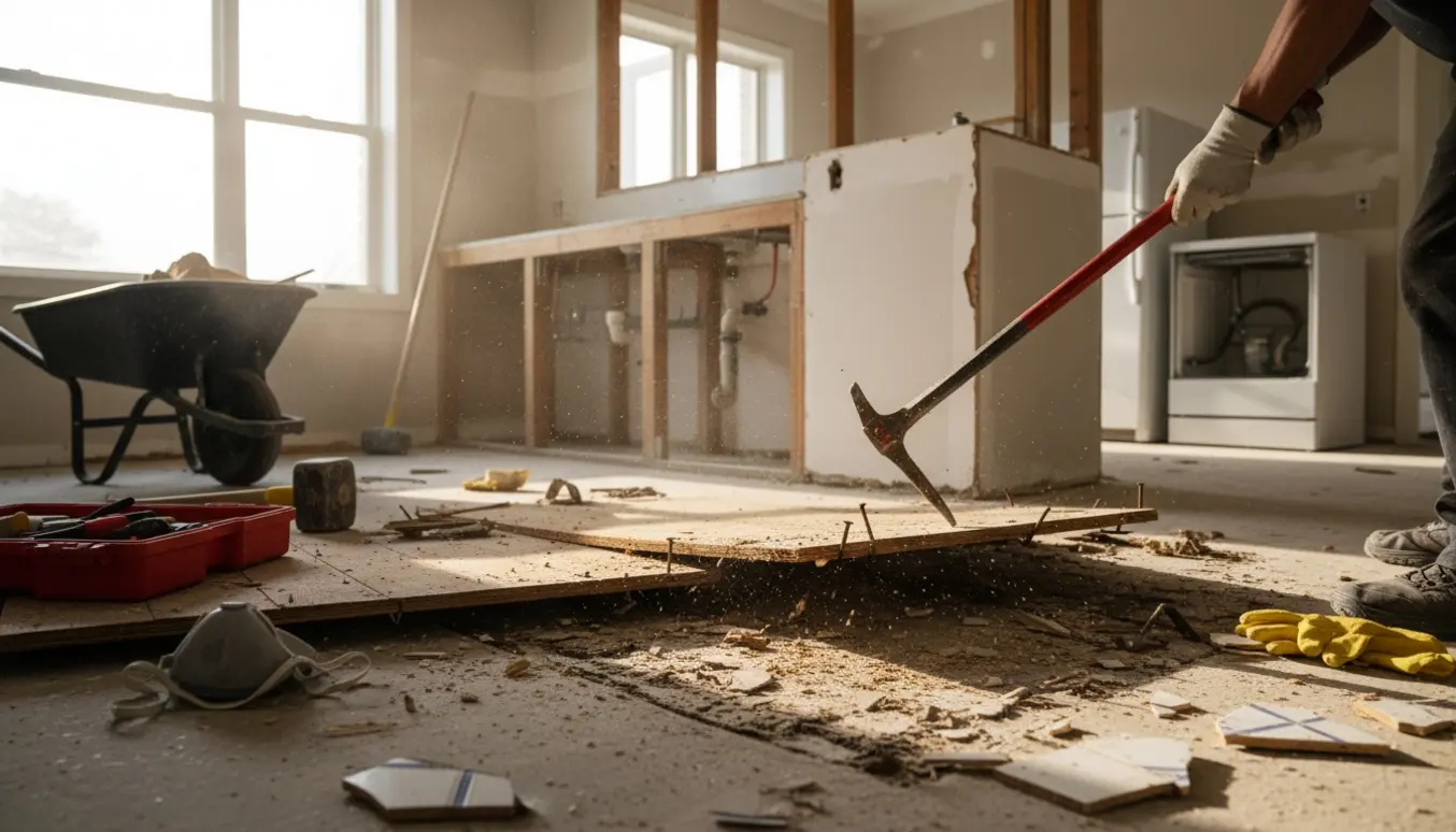 Delvist nedrevet køkken med opbrudte gulvbrædder, knuste fliser og byggeaffald klar til bortskaffelse.