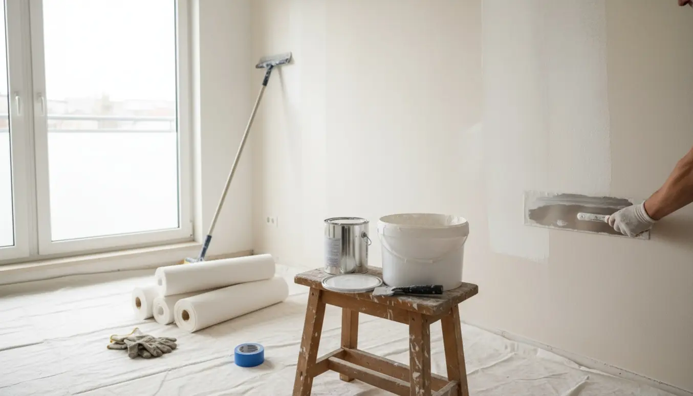 Værktøj og handsker jævner spartelmasse på slebne vægge i en lille lejlighed.