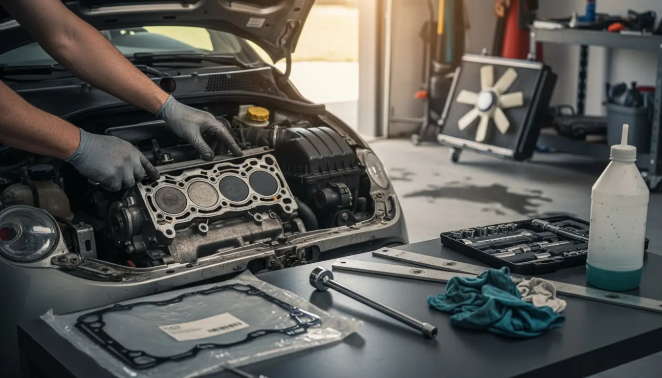 Mekaniker med handsker inspicerer topstykke og toppakning ved en åben Fiat 500 C i en lys garage.