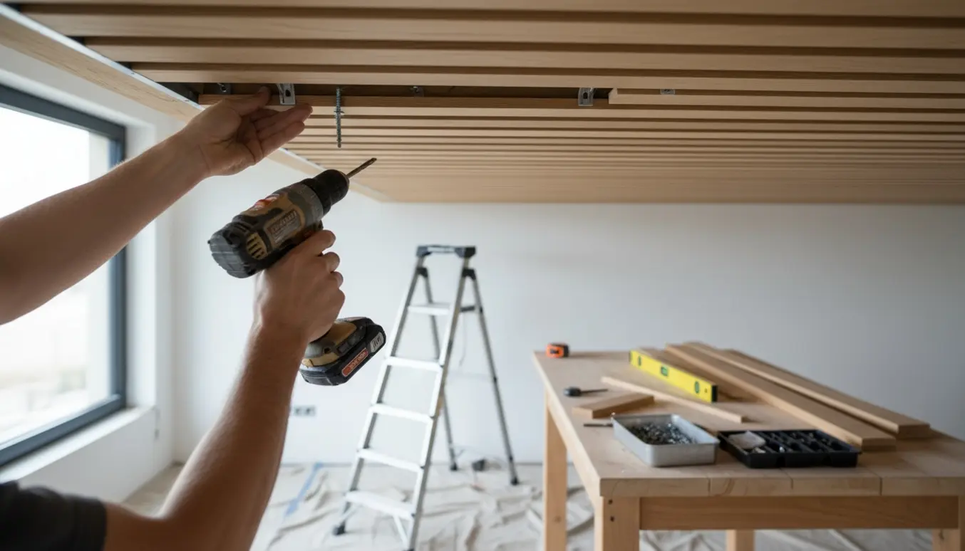 Detalje af montering af listeloft med trælameller og boremaskine under et eksisterende træloft.