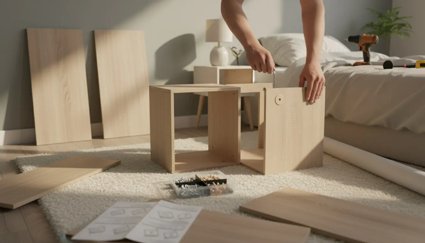 Næsten samlet fladpakket reol i soveværelse med værktøj og hænder, der strammer fittings.