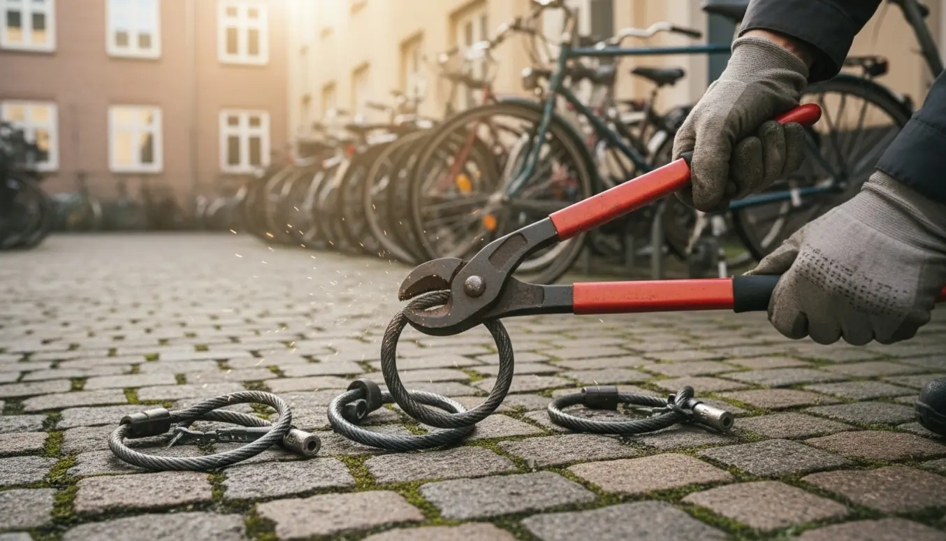 En vicevært klipper fem cykellåse af i en ejendoms gård, med afskårne låse på brostenene.