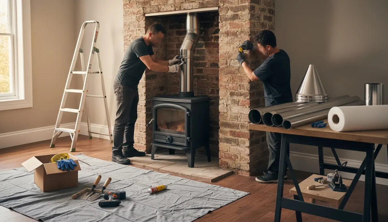 Ny brændeovn installeret med nyligt monteret stålskorsten i en stue.
