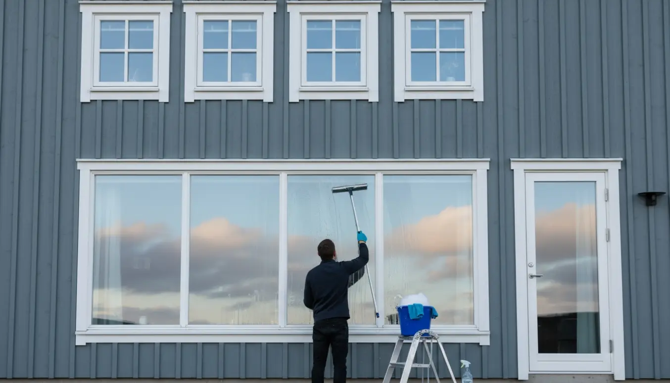 Vinduespudser pudser dannebrogsvinduer, en altandør og et stort trefags soveværelsesvindue på husfacaden.