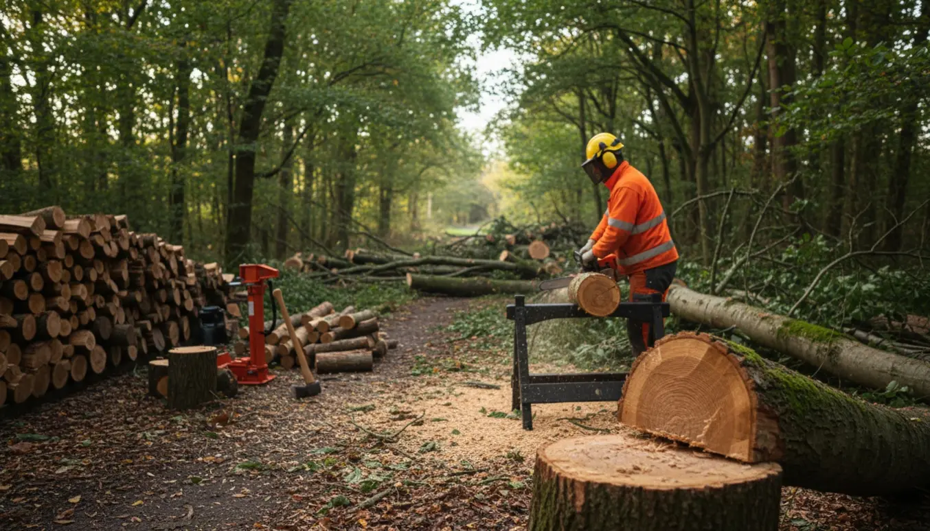 Fældede træer blokerer et kørespors, mens træstammer skæres op til brænde med værktøj og stabler af kløvet brænde på skovbunden.