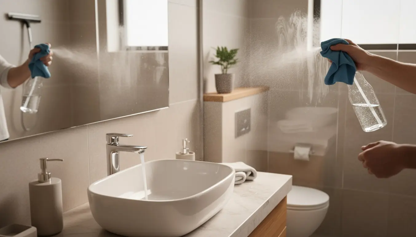 Hænder tørrer et spejl og vask i et lyst, rent badeværelse under daglig rengøring.