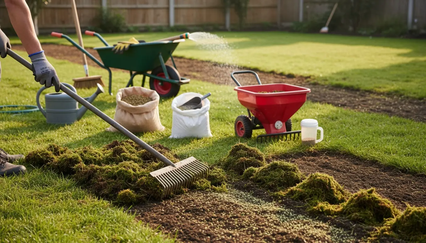 Hænder river mos væk ved siden af en frøspreder og gødningsposer klar til gensåning af græsplænen.