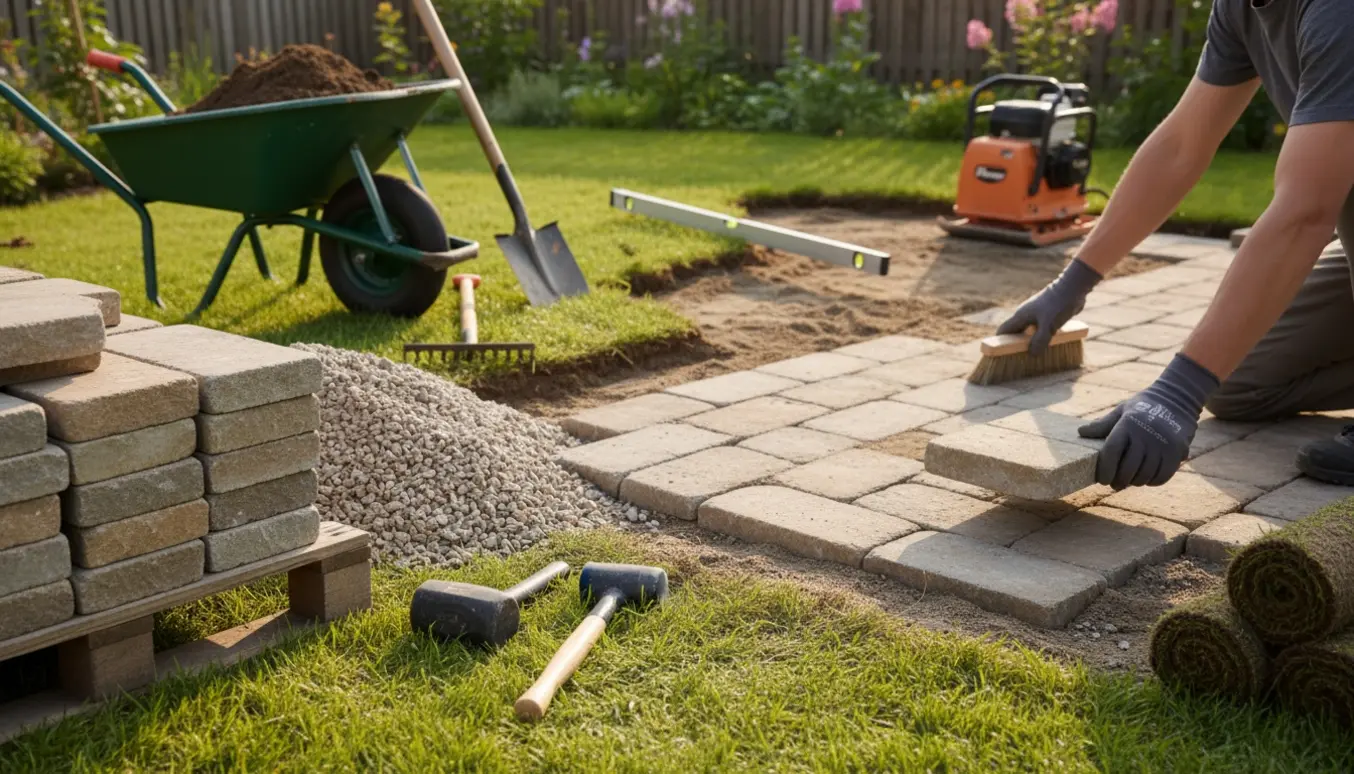 Nærbillede af anlæg af solterrasse med Gammelgårdssten på grusbund, hænder placerer en flise.