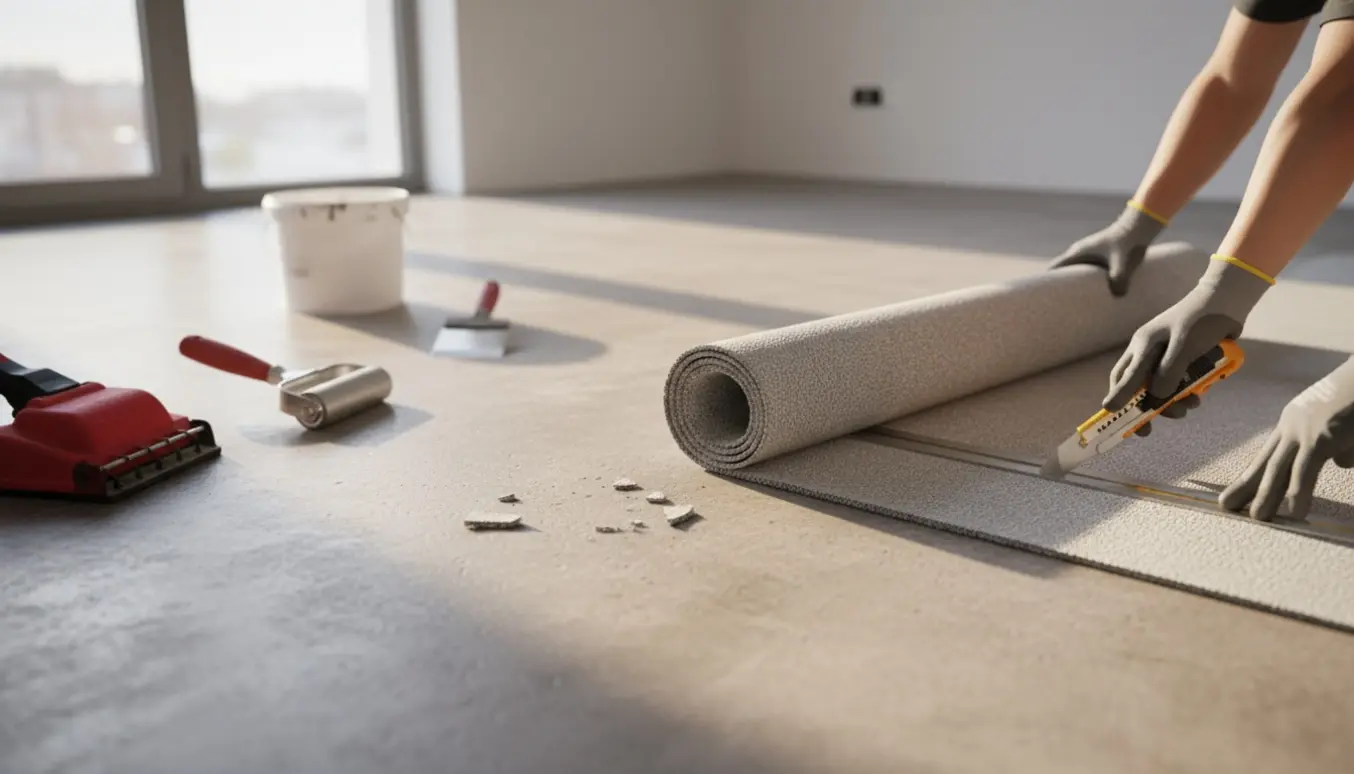 Udrullet tæppe på et jævnt betongulv, hænder i handsker trimmer kanten med en skarp kniv i et lyst rum.