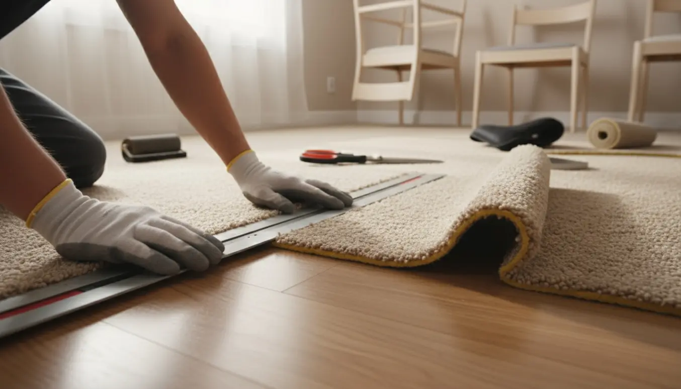 Nærbillede af hænder, der skærer et gulvtæppe til langs en metallinial i et lille værelse med dagslys.