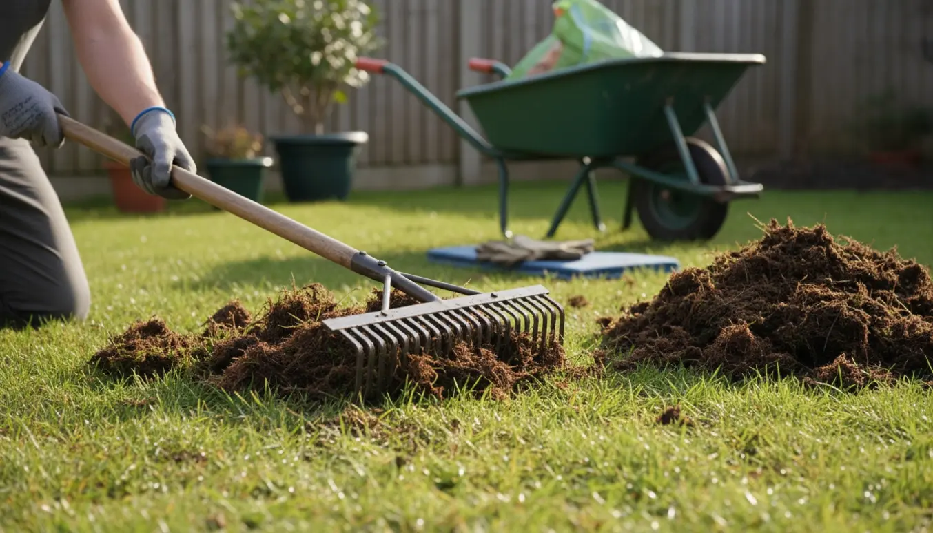Hænder i handsker fjerner mos fra en græsplæne med en rive, med en bunke mos og en trillebør i baggrunden.