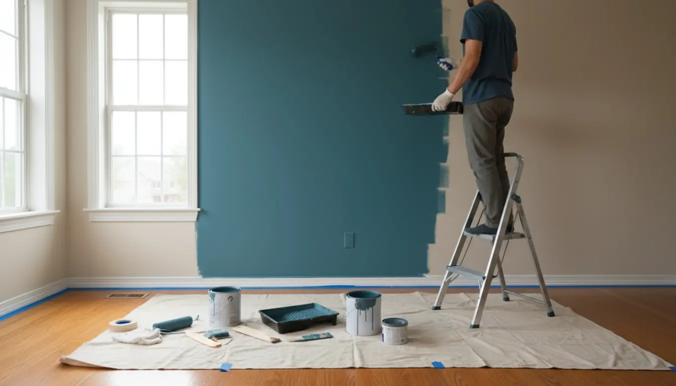 En maler ses bagfra mens han ruller maling på en indvendig væg med malerbøtter og afdækning omkring.