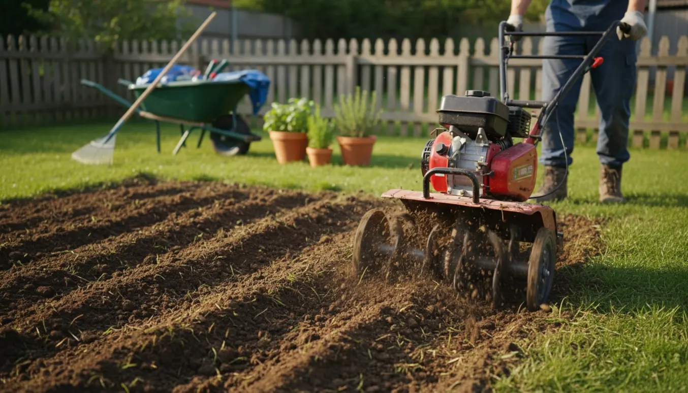 En motorfræser vender mørk havejord i en lille baghave med haveredskaber og potter i baggrunden.